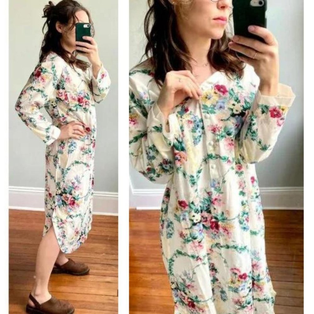 Vintage 90s Floral Henley Bow Nightgown Grunge Cottagecore Midi Dress